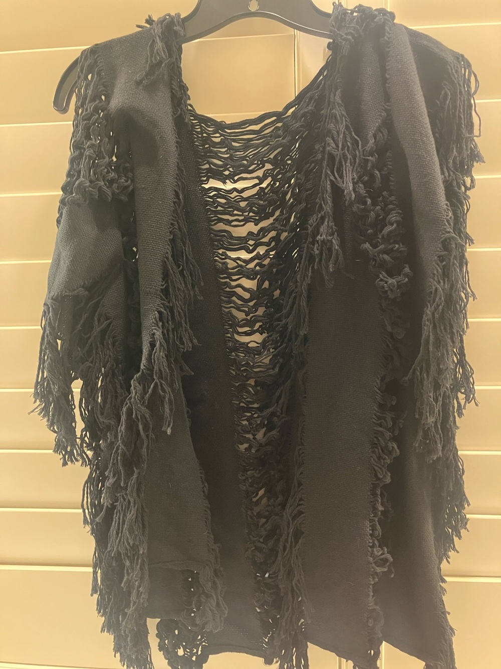 Maria Victoria Black Fringe Open-Knit Distressed Sweater Cardigan